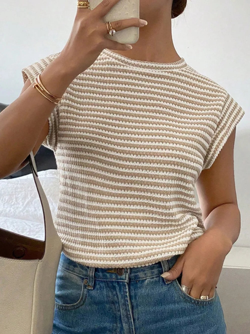 Full Size Striped Round Neck Short Sleeve T-shirt, back view