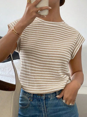 Full Size Striped Round Neck Short Sleeve T-shirt, back view
