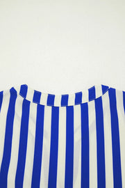Blue and white striped button-down shirt with balloon sleeves and a collared neckline.