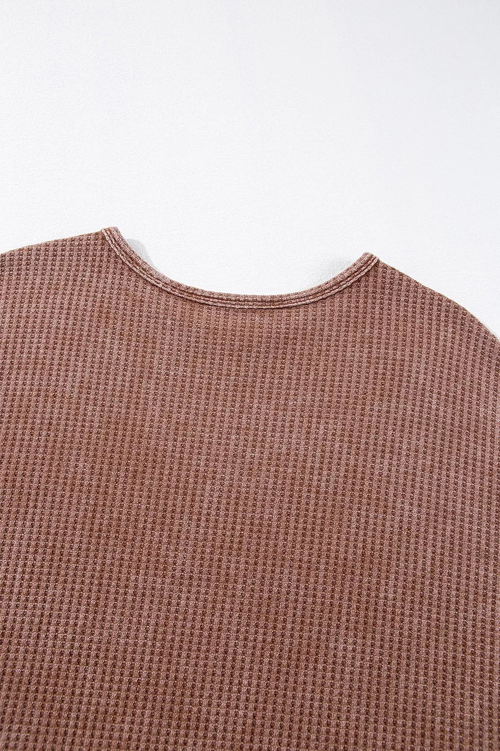Waffle Knit Fringed High Low Loose Top in Brown, fabric detail