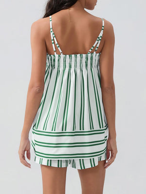 White and green striped cami set with smocked bodice and adjustable straps.