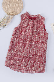 Burgundy printed sleeveless blouse with ruffled neckline