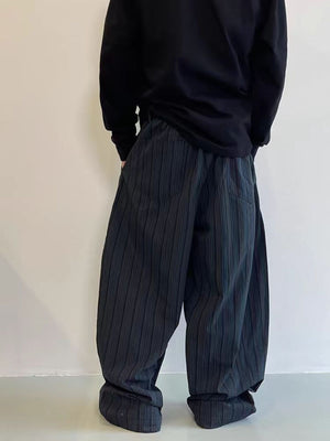 Men's dark pinstripe wide leg sweatpants with pockets