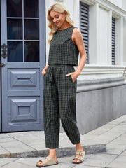 Gingham cropped tank and wide leg pants set in Army Green.