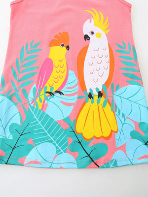 Toddler pink cotton dress with tropical parrot and leaf print.