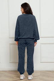 Dark Blue corduroy loungewear set with crewneck sweatshirt and jogger pants.