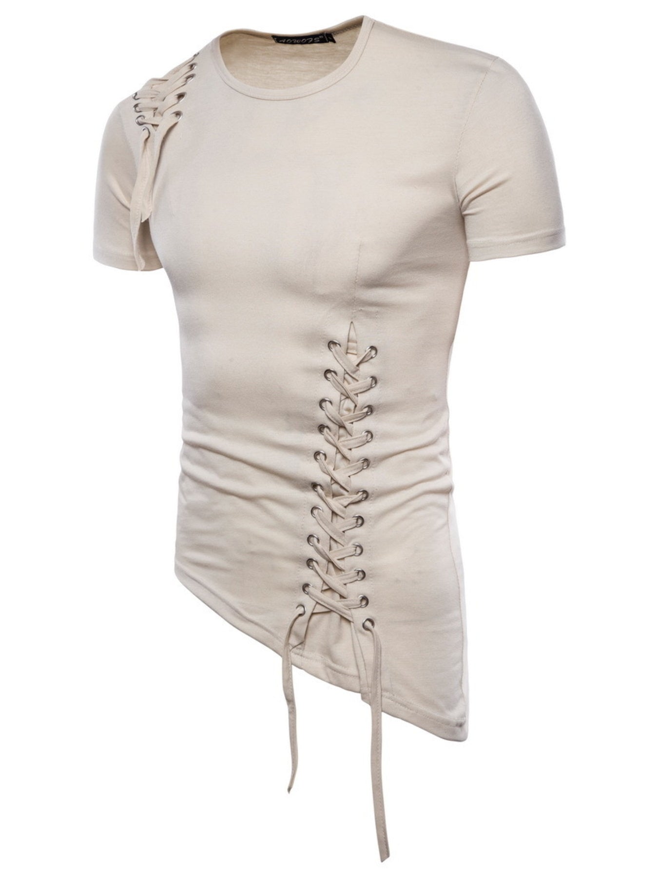 Men's light khaki cotton t-shirt with asymmetric hem and lace-up detail on side and shoulder.