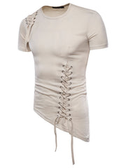 Men's light khaki cotton t-shirt with asymmetric hem and lace-up detail on side and shoulder.