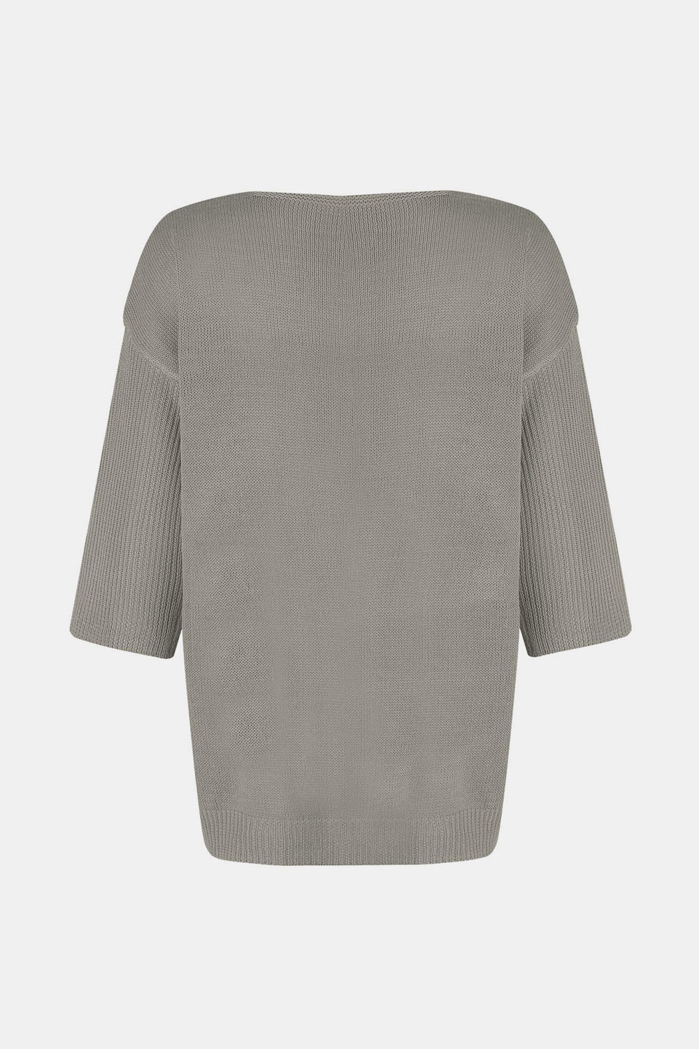 Gray knit sweater with flared sleeves and V-neck