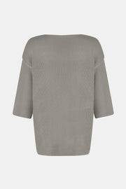 Gray knit sweater with flared sleeves and V-neck