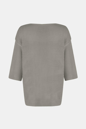 Gray knit sweater with flared sleeves and V-neck