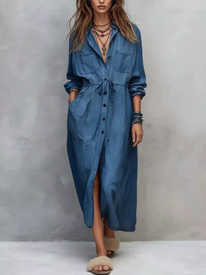 Full Size Button Front Long Sleeve Shirt Dress Plus Size in Apricot, front view