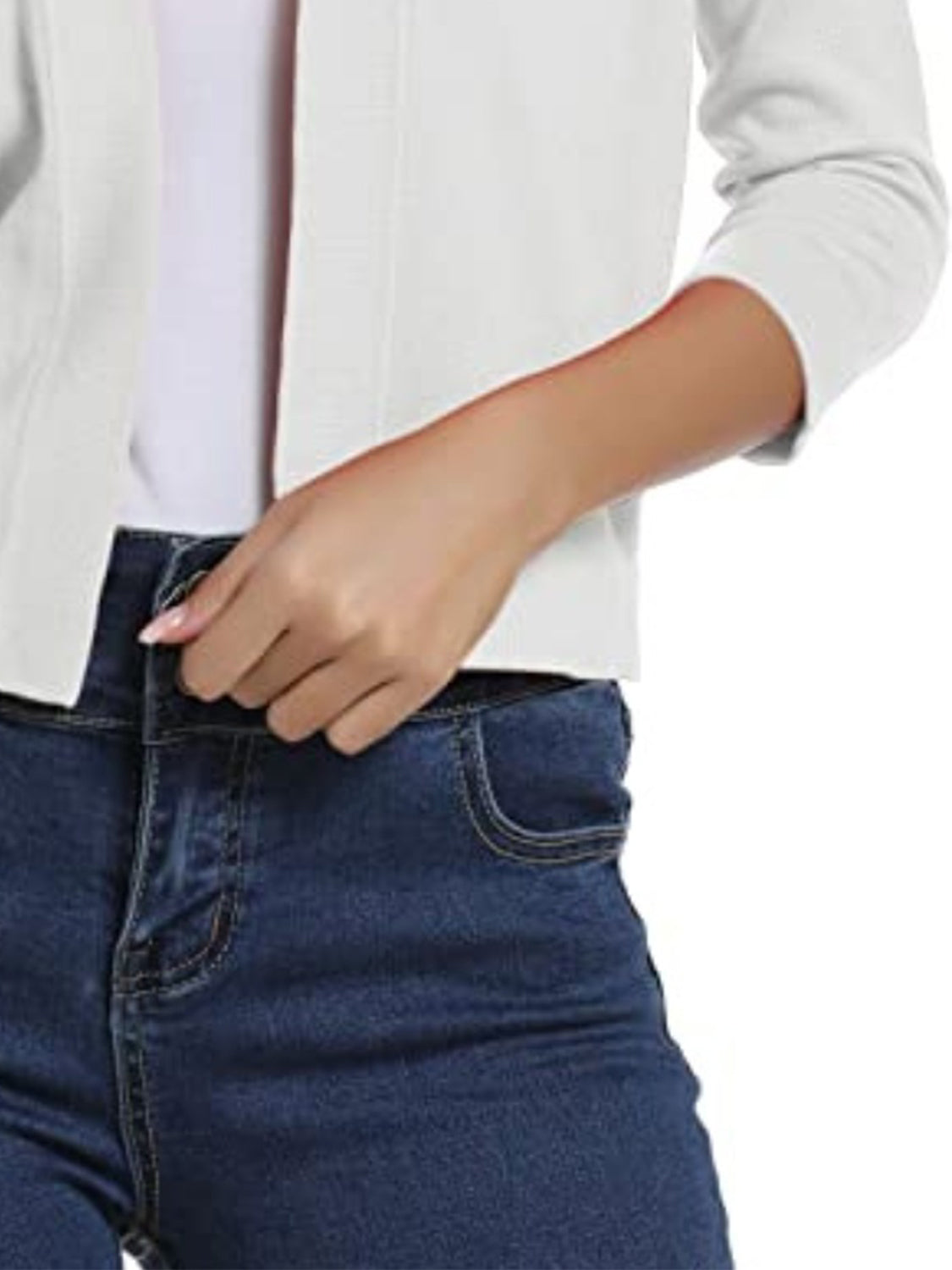 White cropped elbow-sleeve open-front knit cardigan with a casual fit.