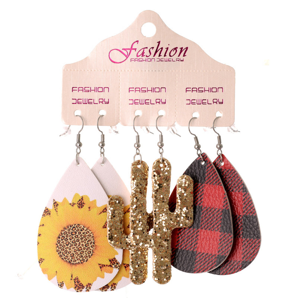 Leopard print sunflower, gold glitter cactus, and red buffalo plaid teardrop earrings.