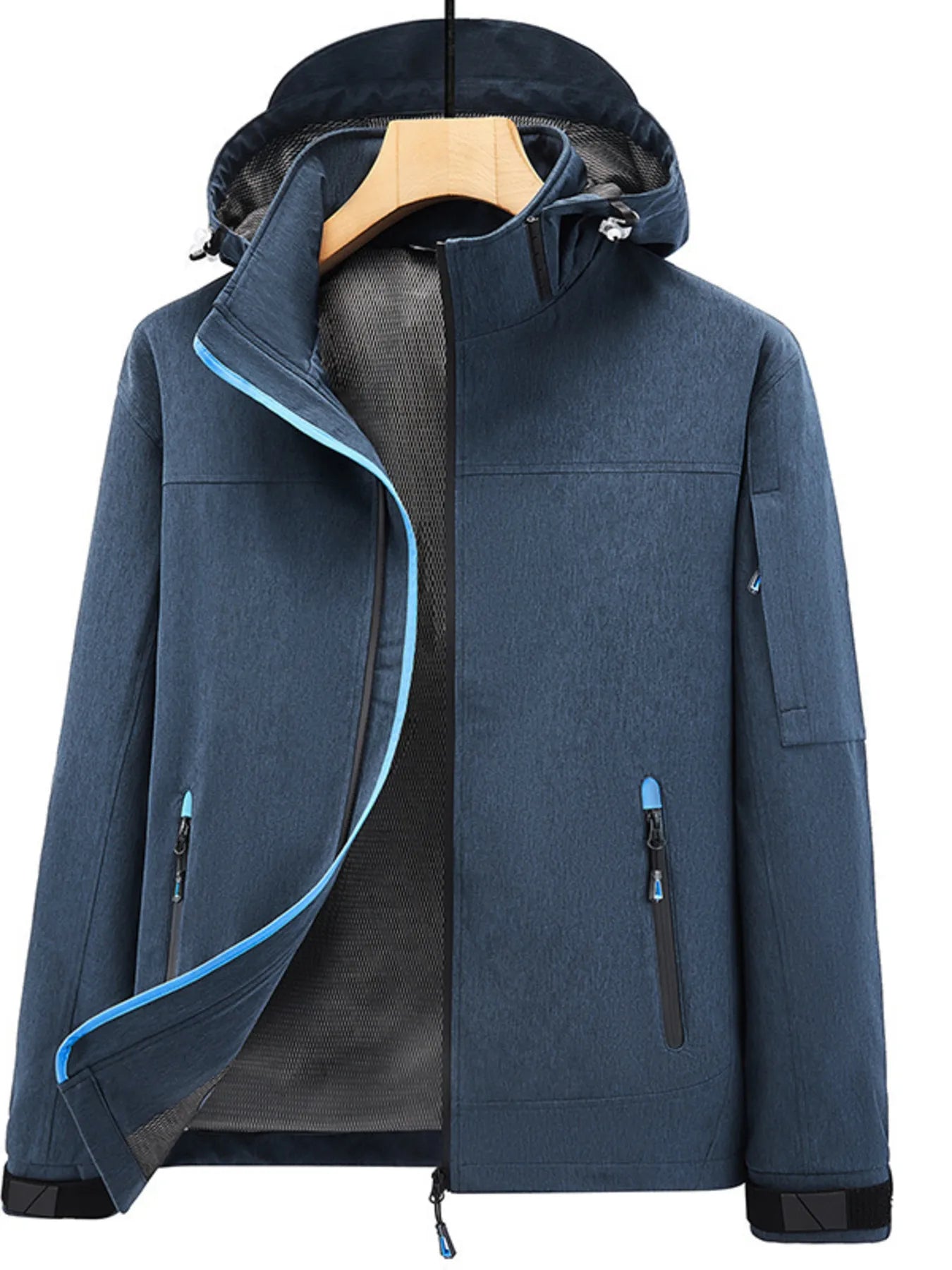 Plus-size hooded zip-up jacket in Postal Blue with zippered pockets and blue trim.