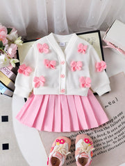 Children's Bow Button Up Cardigan And Pleated Skirt Set in Pink, side view
