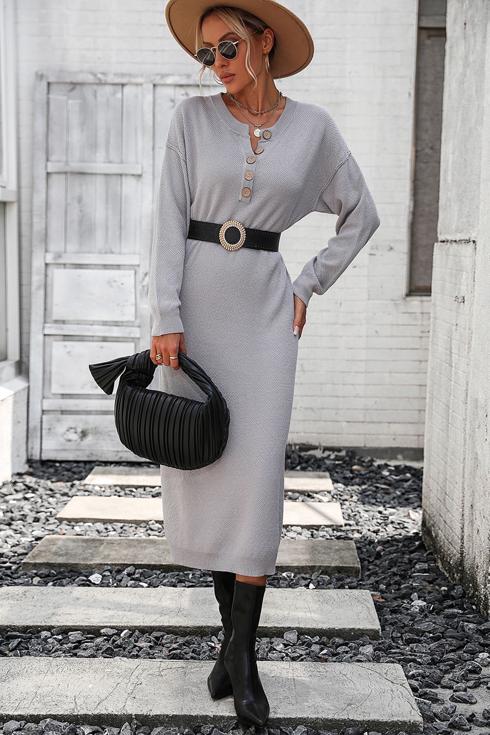 Light gray textured knit henley midi dress with button detail and long sleeves.
