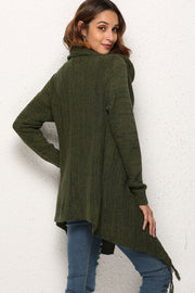 Olive asymmetric knit cardigan with fringe detail and waterfall collar.