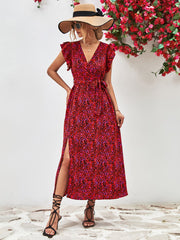Deep Red floral wrap midi dress with flutter sleeves and a high slit.