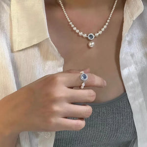 Luminous pearl choker with stone pendant and matching ring, 925 silver, cream pearls, delicate design