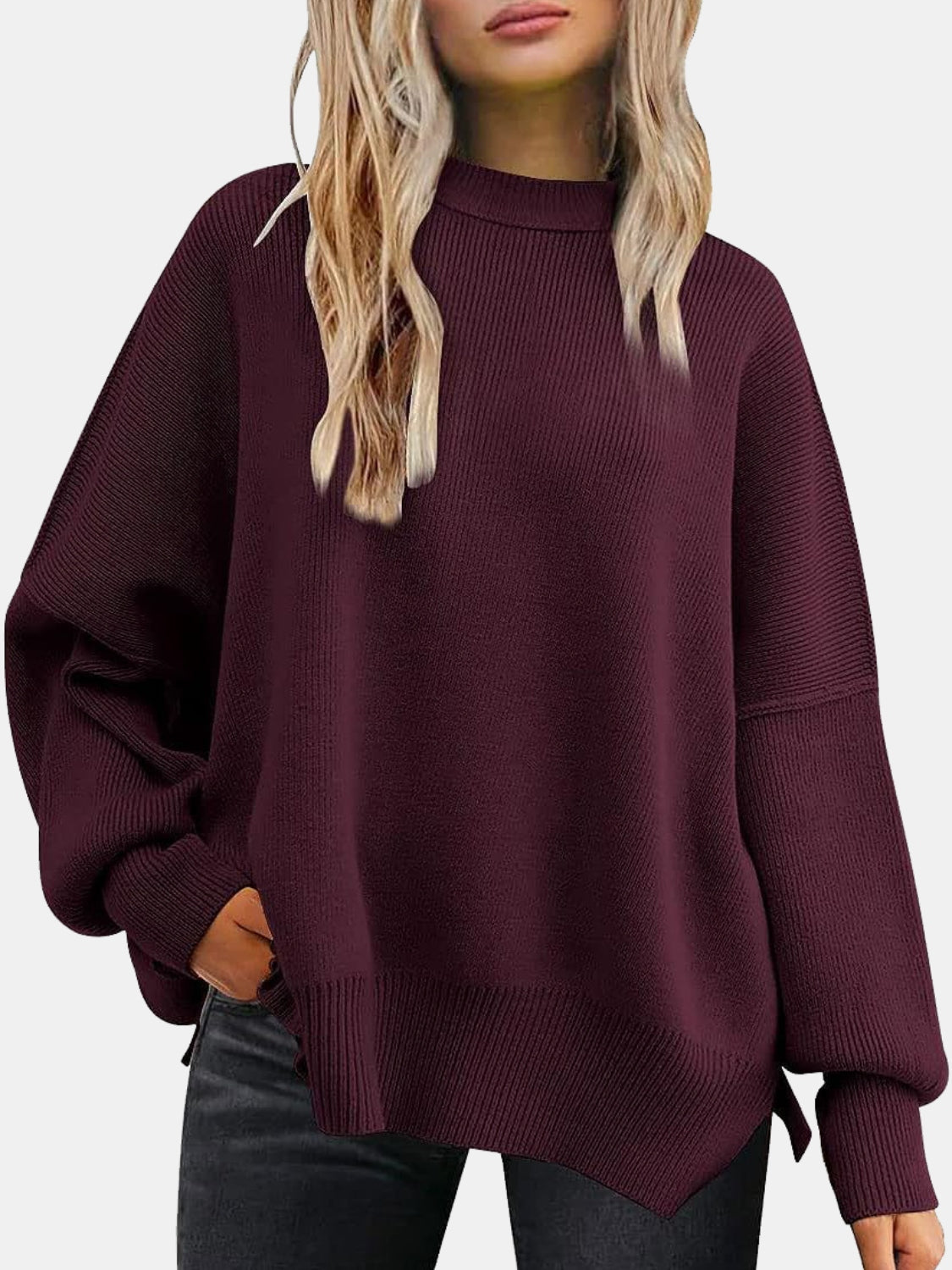Wine ribbed knit sweater with slouchy sleeves and mock neck.