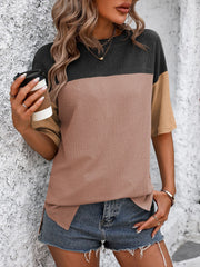 Mandy Color Pop T-Shirt in Black/Camel/Orange waffle knit with crew neck and short sleeves.