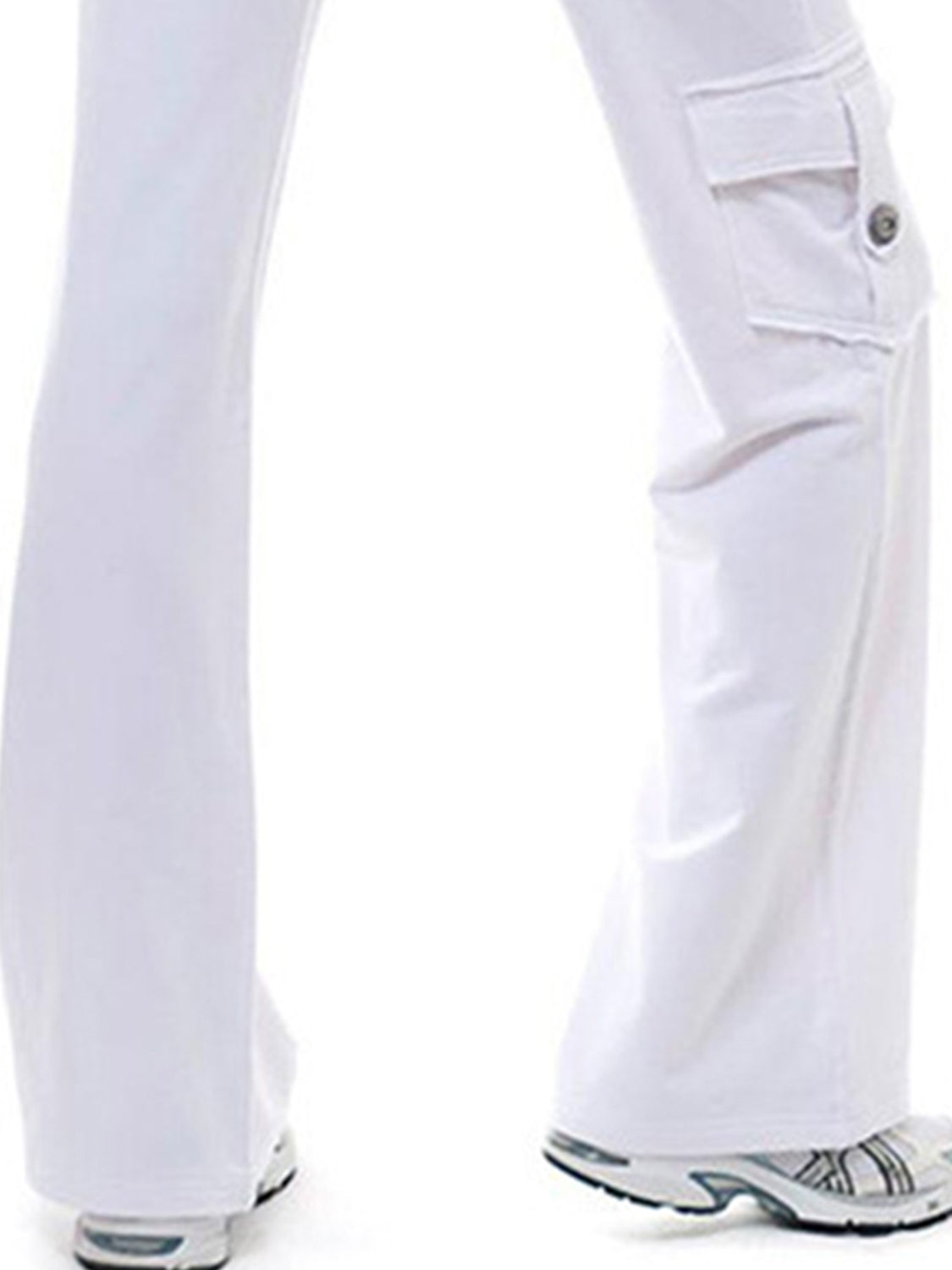 White cargo-inspired wide-leg drawstring trousers with a button-flap pocket.