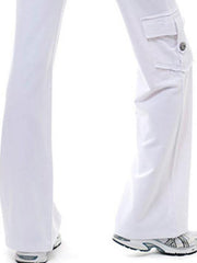 White cargo-inspired wide-leg drawstring trousers with a button-flap pocket.