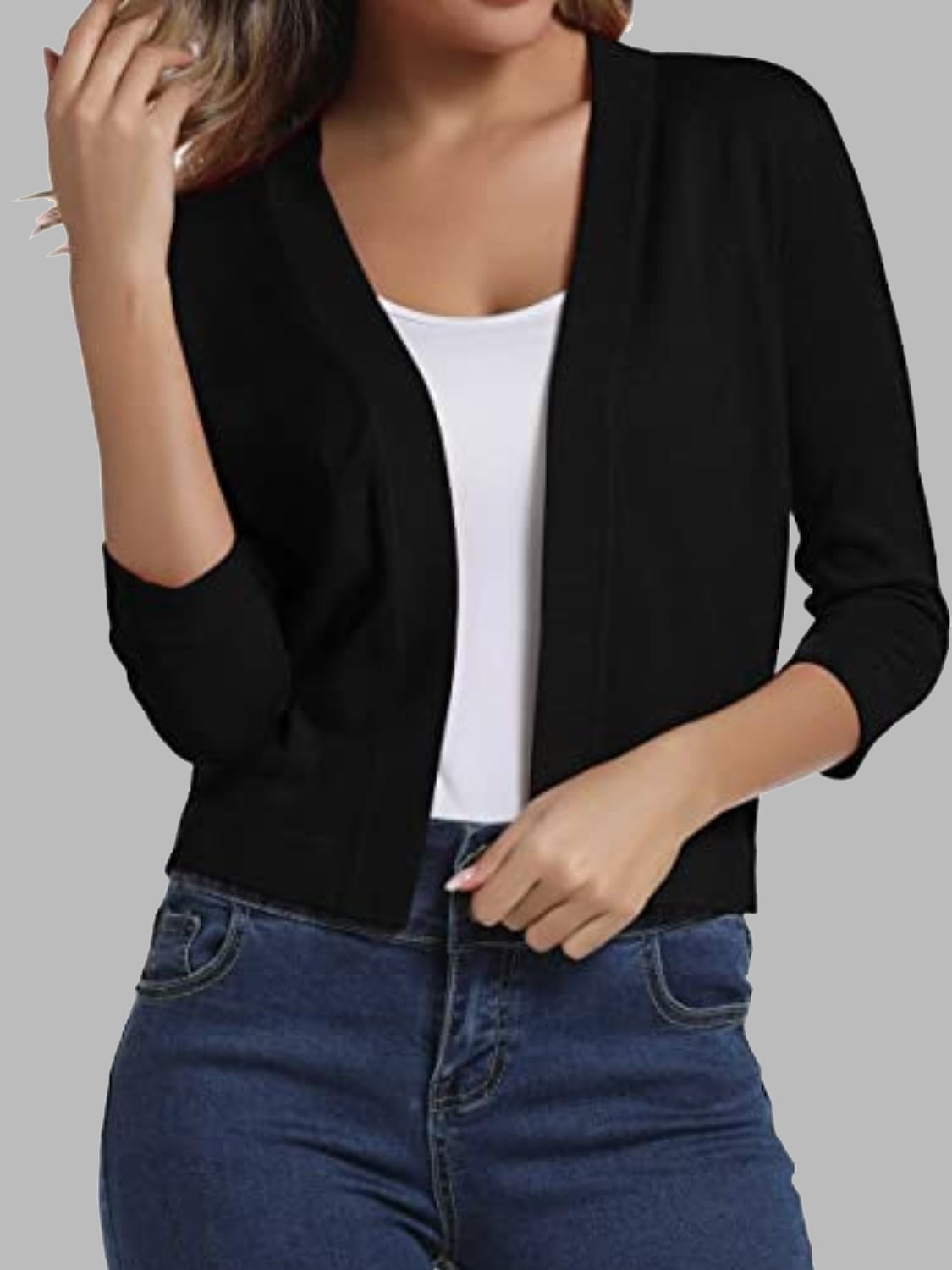 Black cropped knit cardigan with elbow sleeves and open front