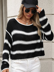 Black and white stripe knit cropped sweater with a boat neck.