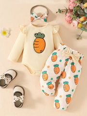 Baby girl's yellow carrot print three-piece set with ruffles and bow headband.