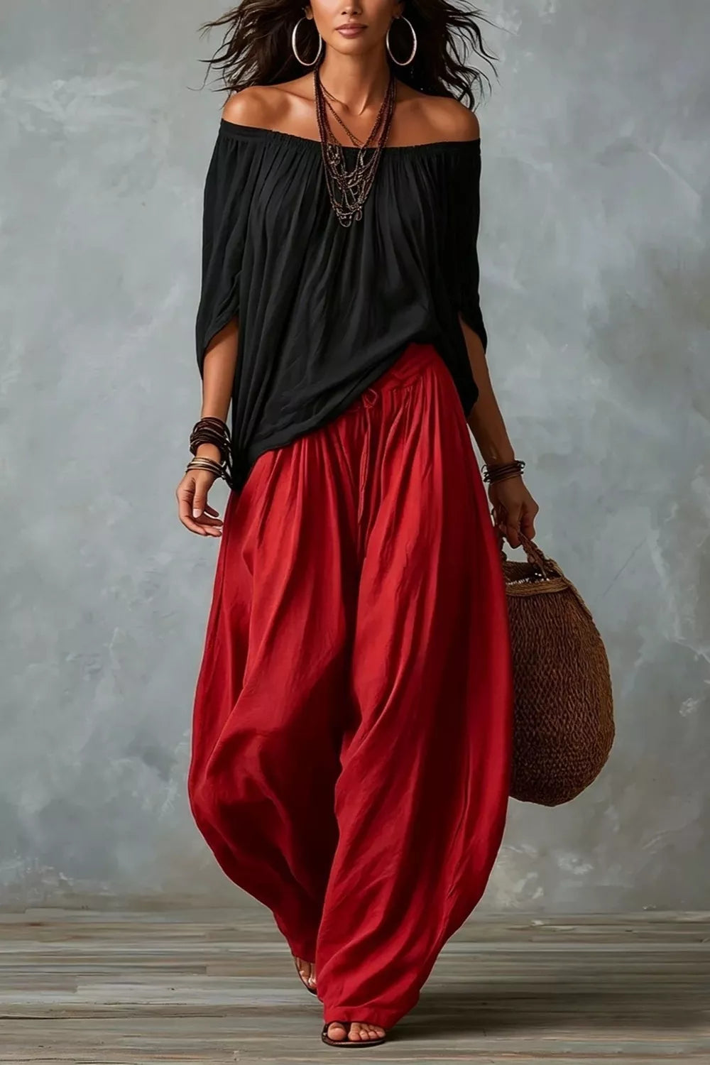 Off-shoulder Top And Wide-leg Pants Set Plus Size in Gray, close-up detail