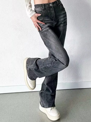 Men's black vintage high-waisted straight leg jeans with button closure and cotton blend material.