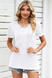 White flutter sleeve henley tee with tie neck detail