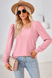 Blush pink diamond-textured puff sleeve top with square neckline