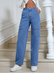 Medium wash denim cargo pants with angled buttoned pockets and a straight leg cut.