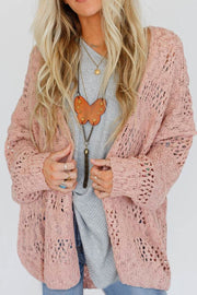 Dusty pink open-knit slouch cardigan with airy details and relaxed fit.