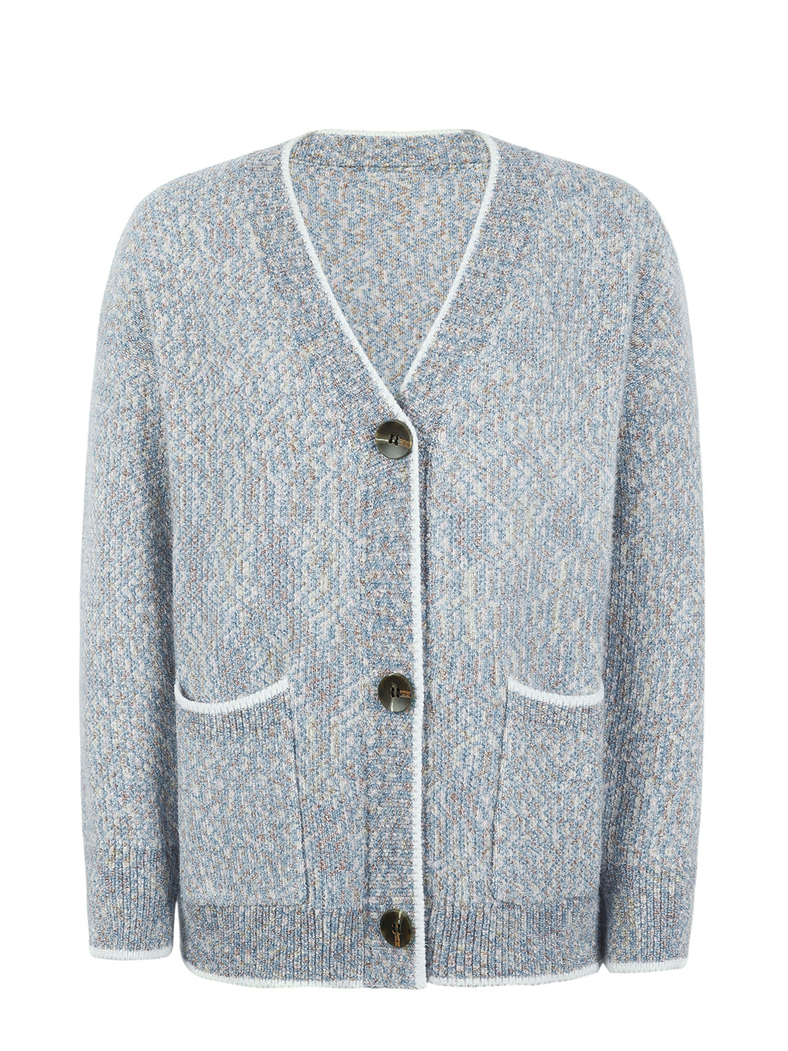 Textured knit cardigan in light gray with contrast trim and button front.
