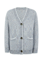 Textured knit cardigan in light gray with contrast trim and button front.