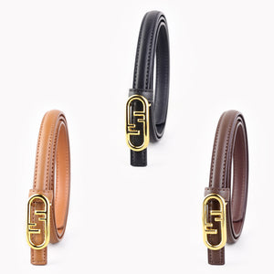 Elegant oval buckle leather belt in black, brown, and caramel with gold hardware.