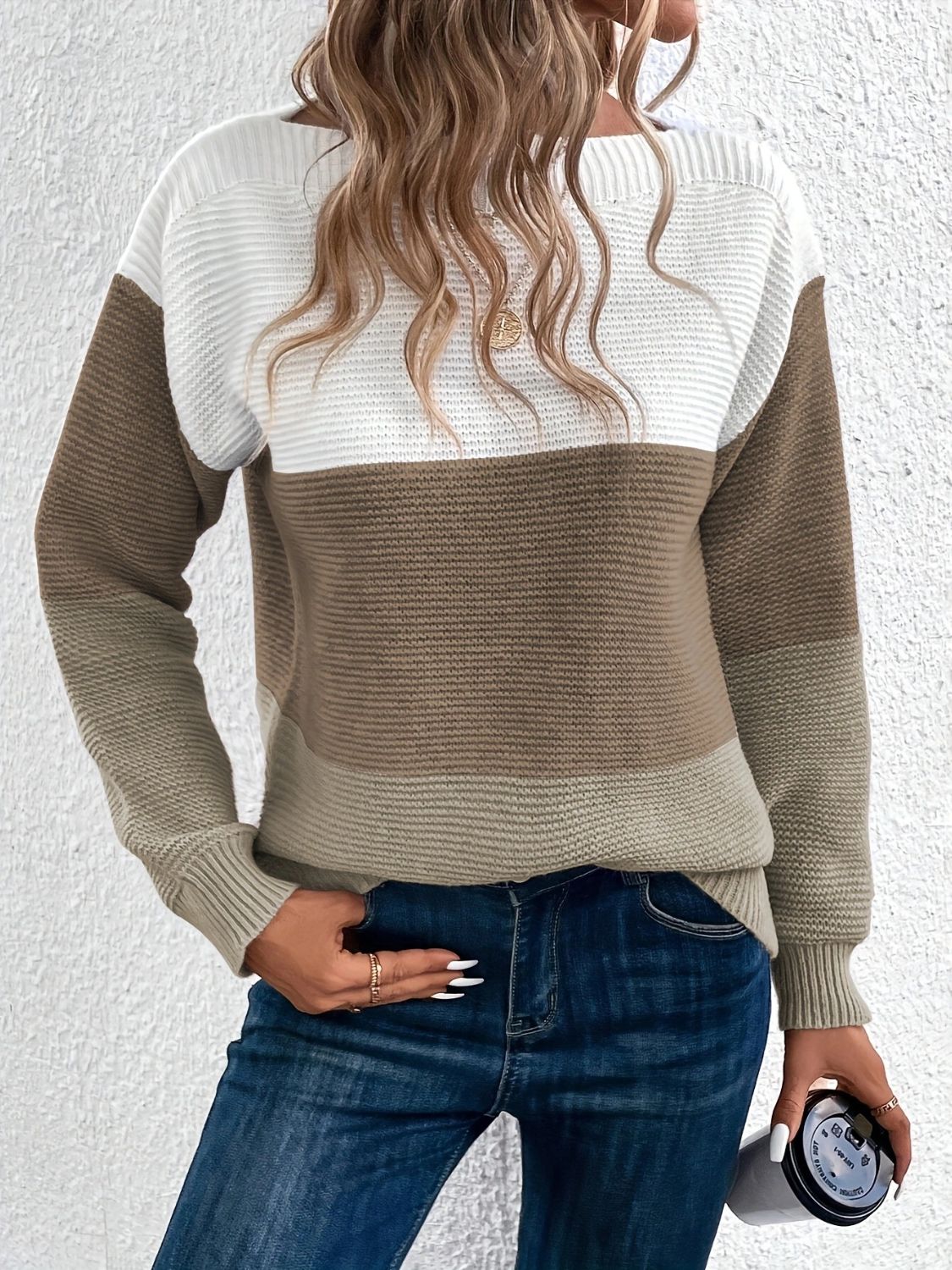 Colorblock ribbed knit sweater with boatneck in white, taupe, and light gray.