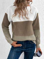 Colorblock ribbed knit sweater with boatneck in white, taupe, and light gray.
