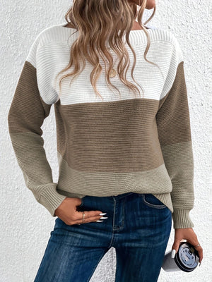 Colorblock ribbed knit sweater with boatneck in white, taupe, and light gray.
