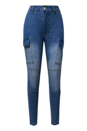 Medium wash skinny jeans with cargo pockets and paneled legs