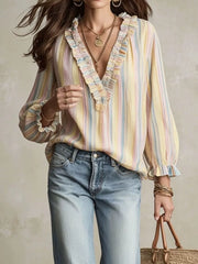 Striped V-neck Long Sleeve Blouse in Multicolor, front view
