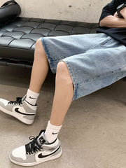 Men's Acid Wash Denim Shorts in Blue, close-up detail