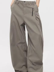 Men's grey high-waisted wide leg sweatpants with button closure and charm detail.