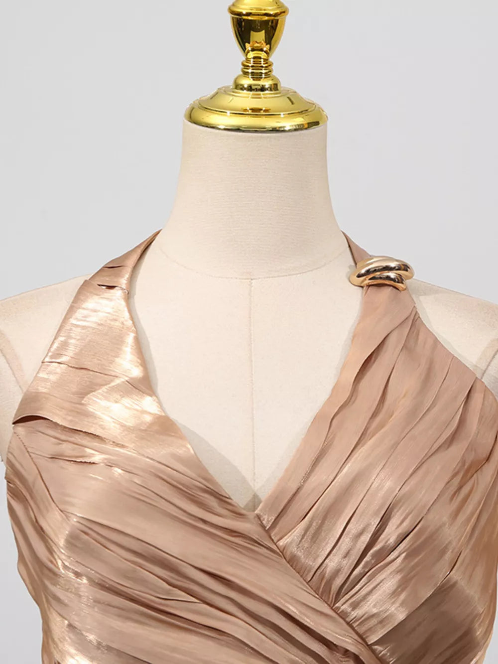 Halter Neck Ruched Maxi Dress in Champagne, fabric detail