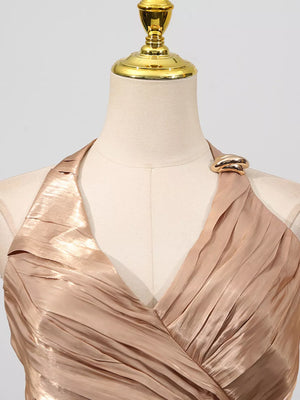 Halter Neck Ruched Maxi Dress in Champagne, fabric detail
