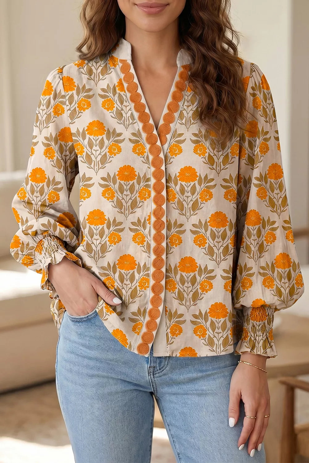 Floral Print V Neck Long Sleeve Top in Sherbet, close-up detail